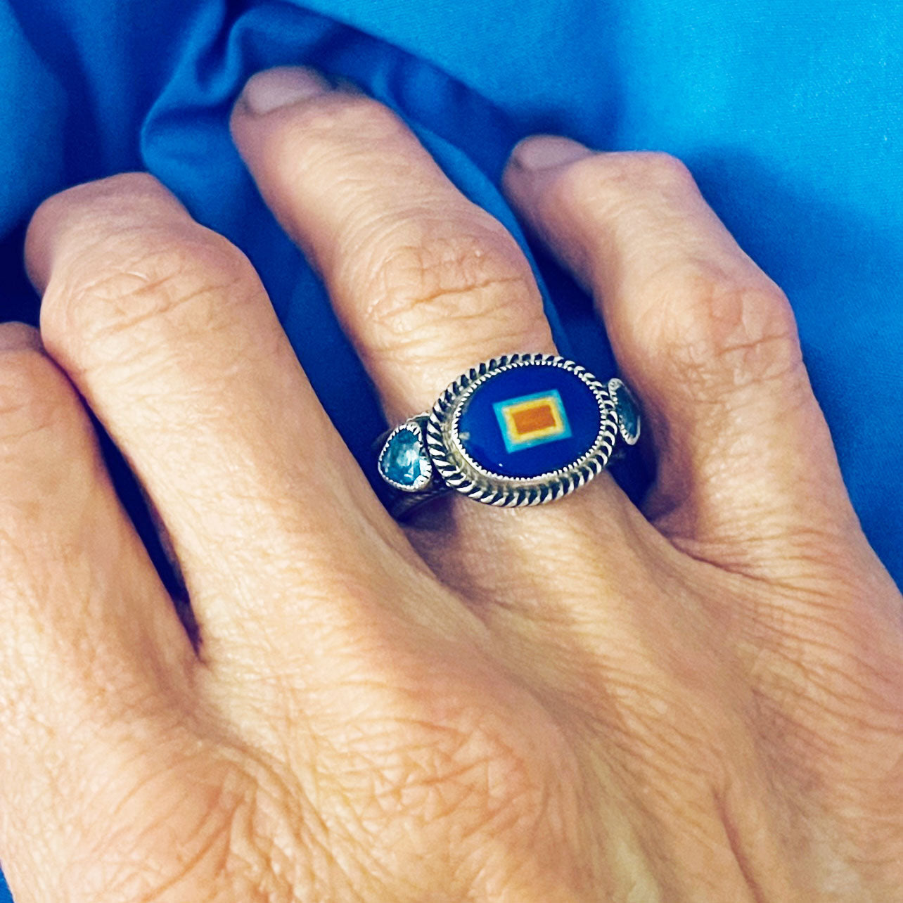 Sterling Silver Lapis Lazuli Oval Inlay with Blue Topaz Ring